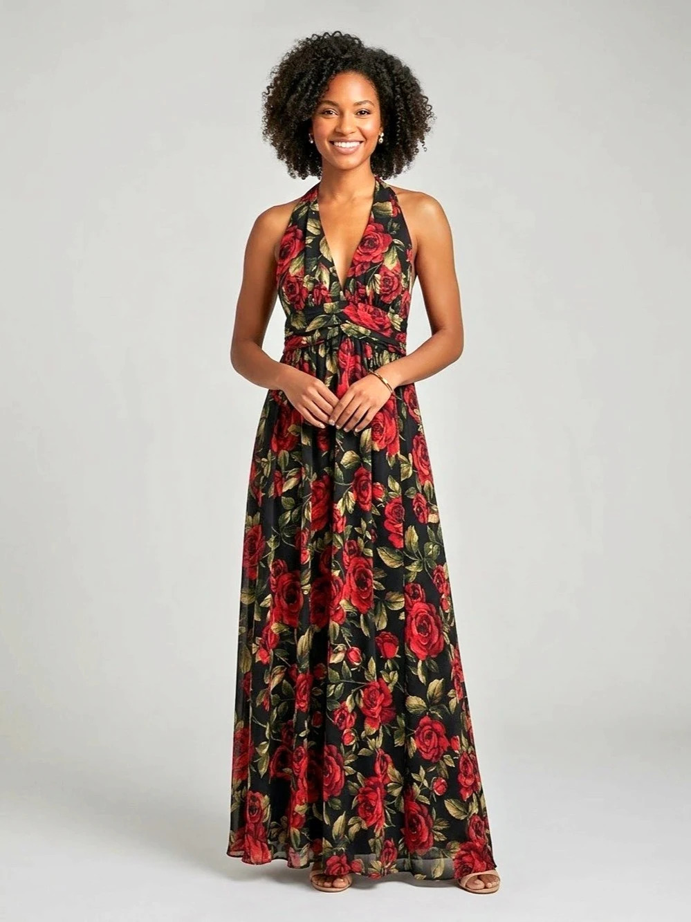 Lulus Floral Maxi Dress in Black & Red Size XL Like New
